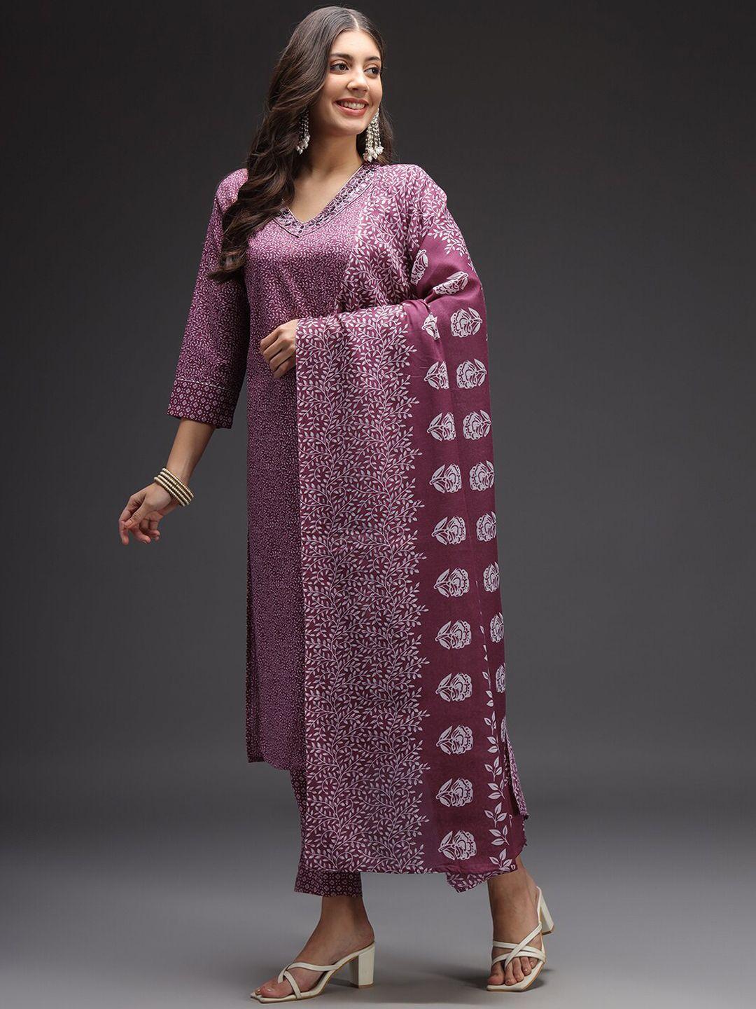heeposh women purple printed regular mirror work kurta with trousers & with dupatta