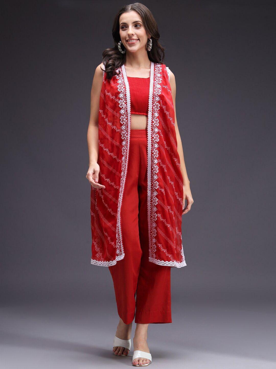 heeposh women red embroidered pleated thread work top with palazzos