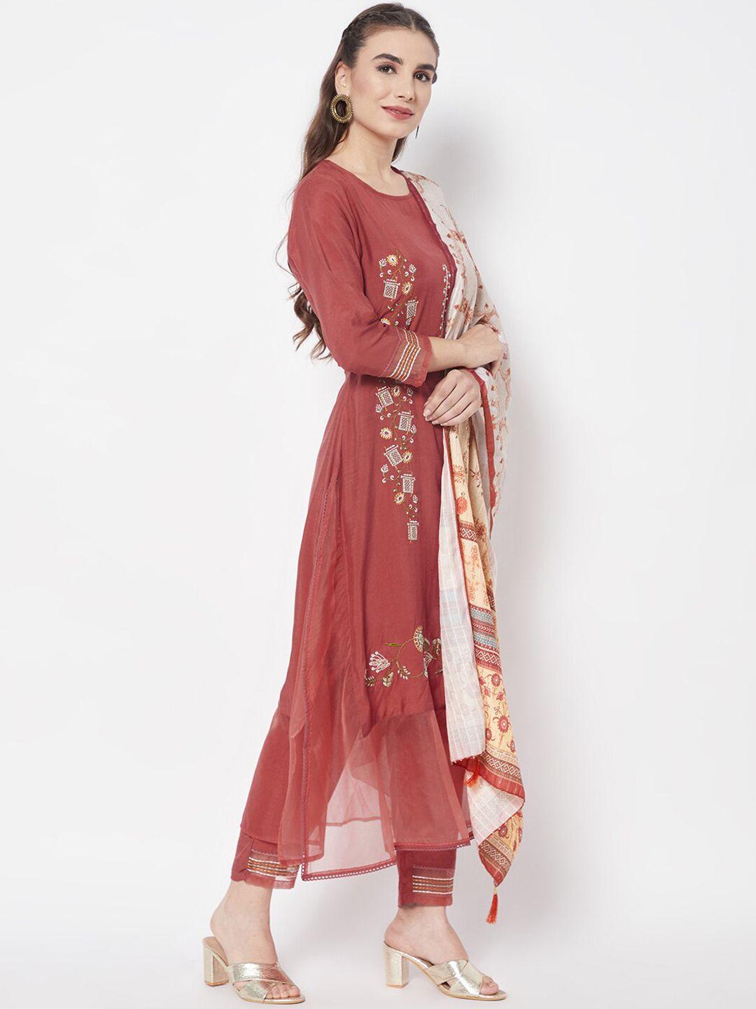 heeposh women red ethnic motifs printed thread work chanderi silk kurta with trousers & with dupatta