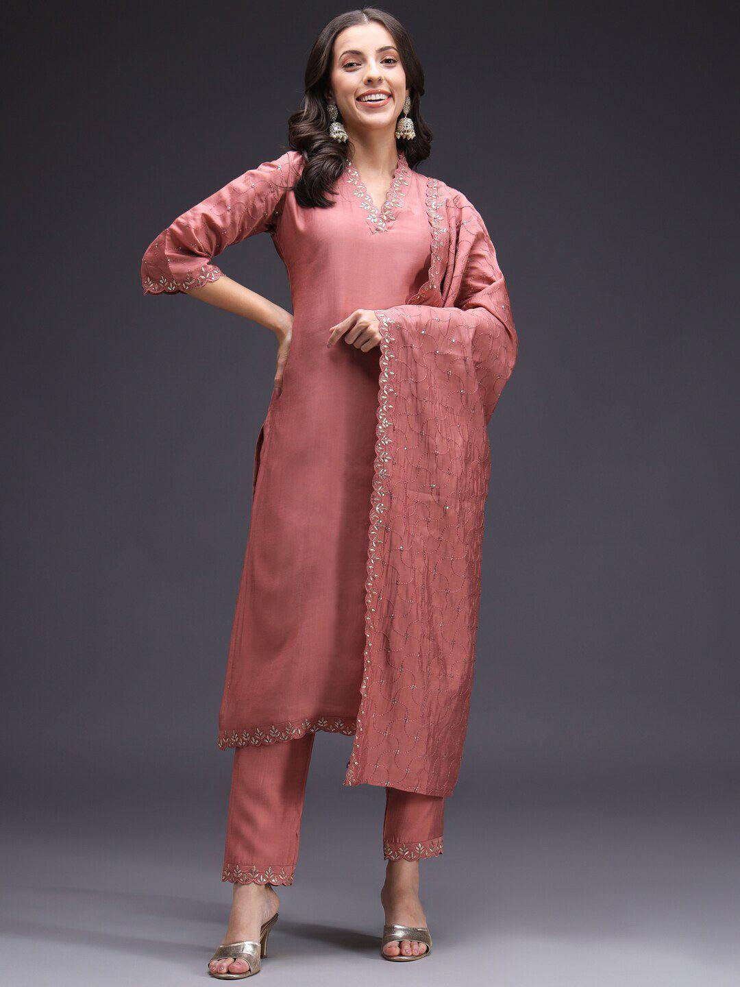 heeposh women rust floral embroidered regular sequinned silk crepe kurta with trousers & with dupatta