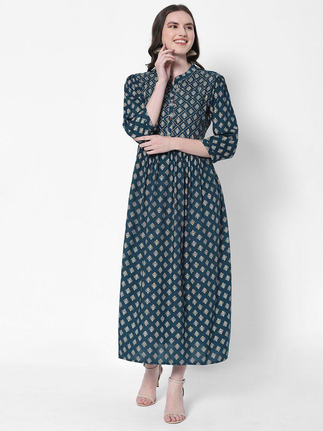 heeposh women teal & white ethnic motifs maxi dress