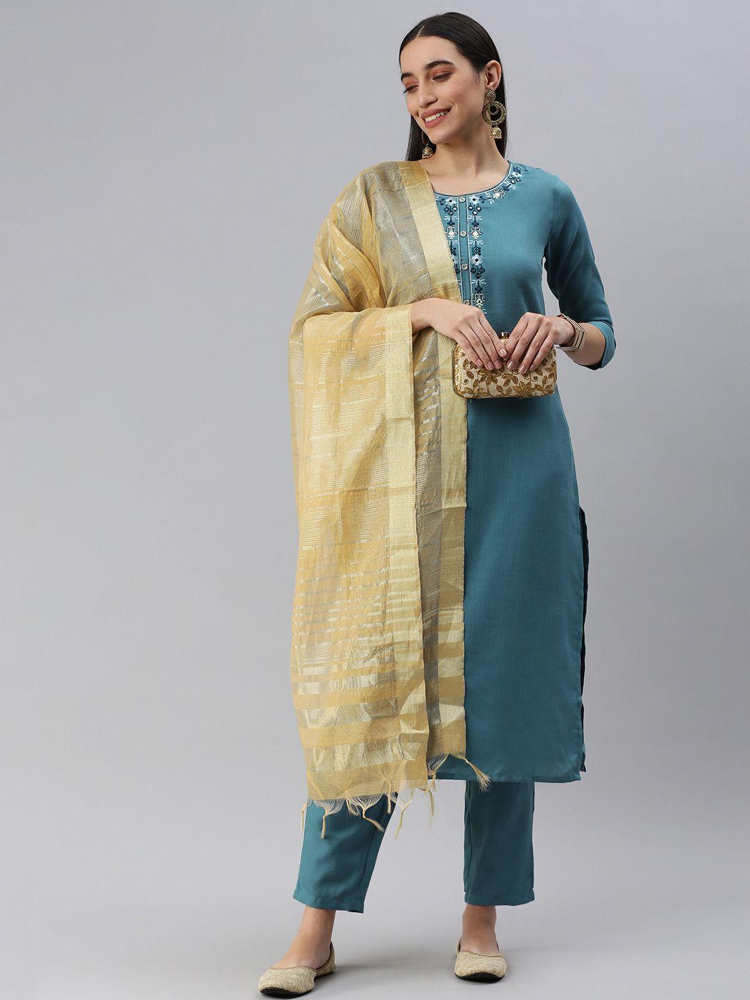 heeposh women teal floral yoke design kurta with trousers & with dupatta