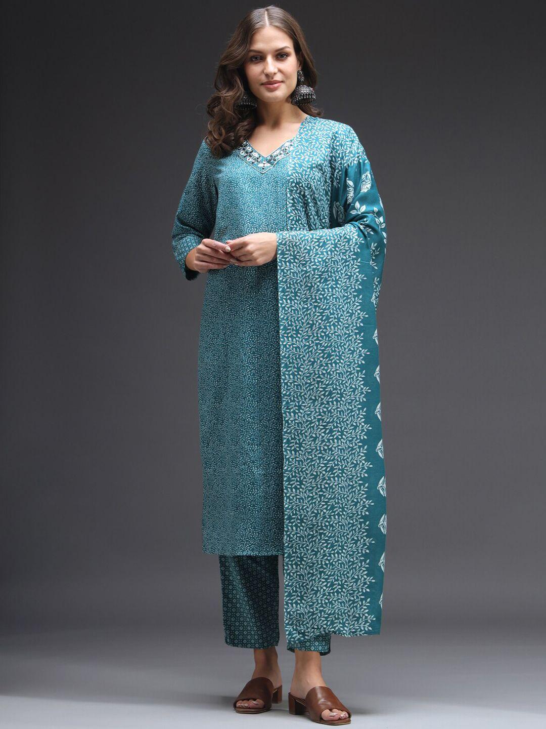 heeposh women teal printed regular mirror work kurta with trousers & with dupatta