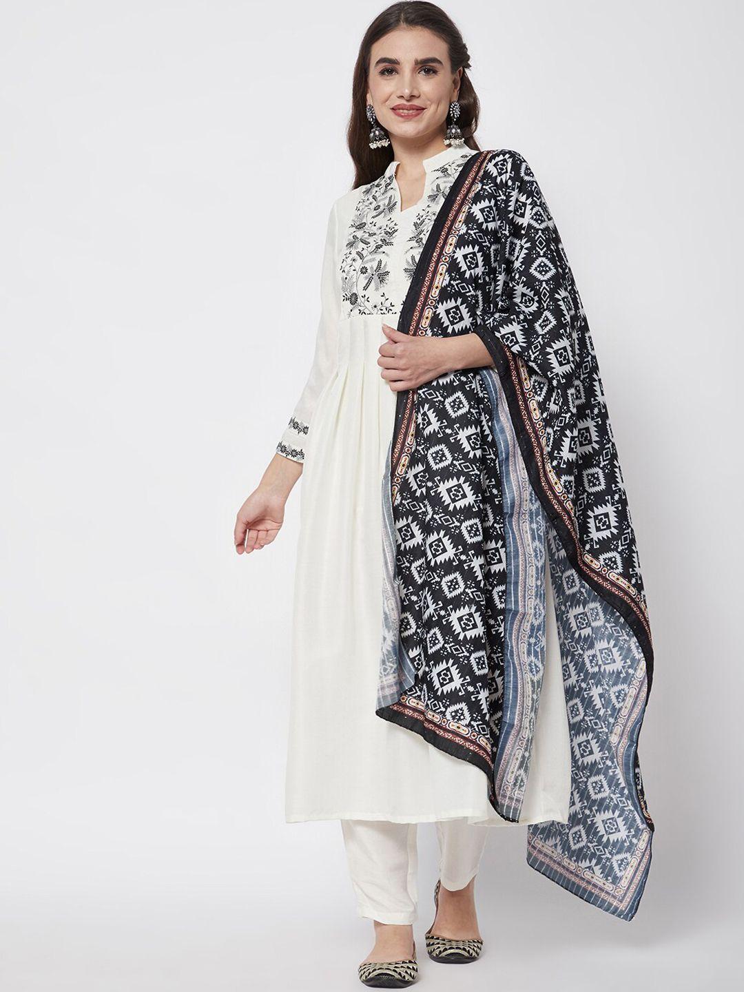 heeposh women white floral thread work kurta with trousers & with dupatta