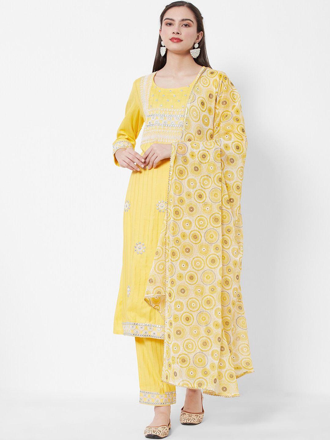 heeposh women yellow ethnic motifs embroidered mirror work kurta & trousers with dupatta