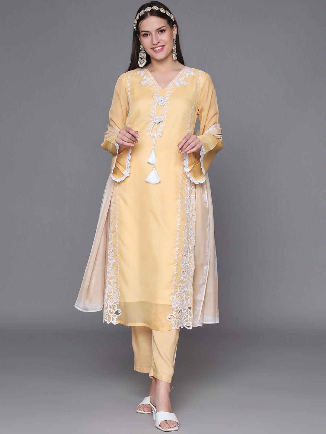 heeposh women yellow floral embroidered regular thread work kurta with trousers & with dupatta