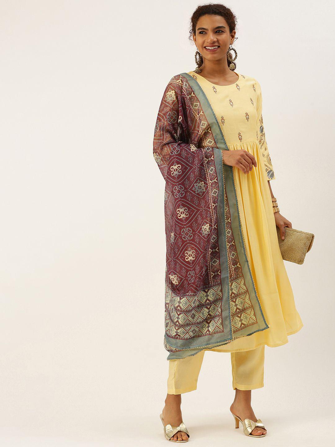 heeposh women yellow tribal embroidered empire kurta with palazzos & with dupatta