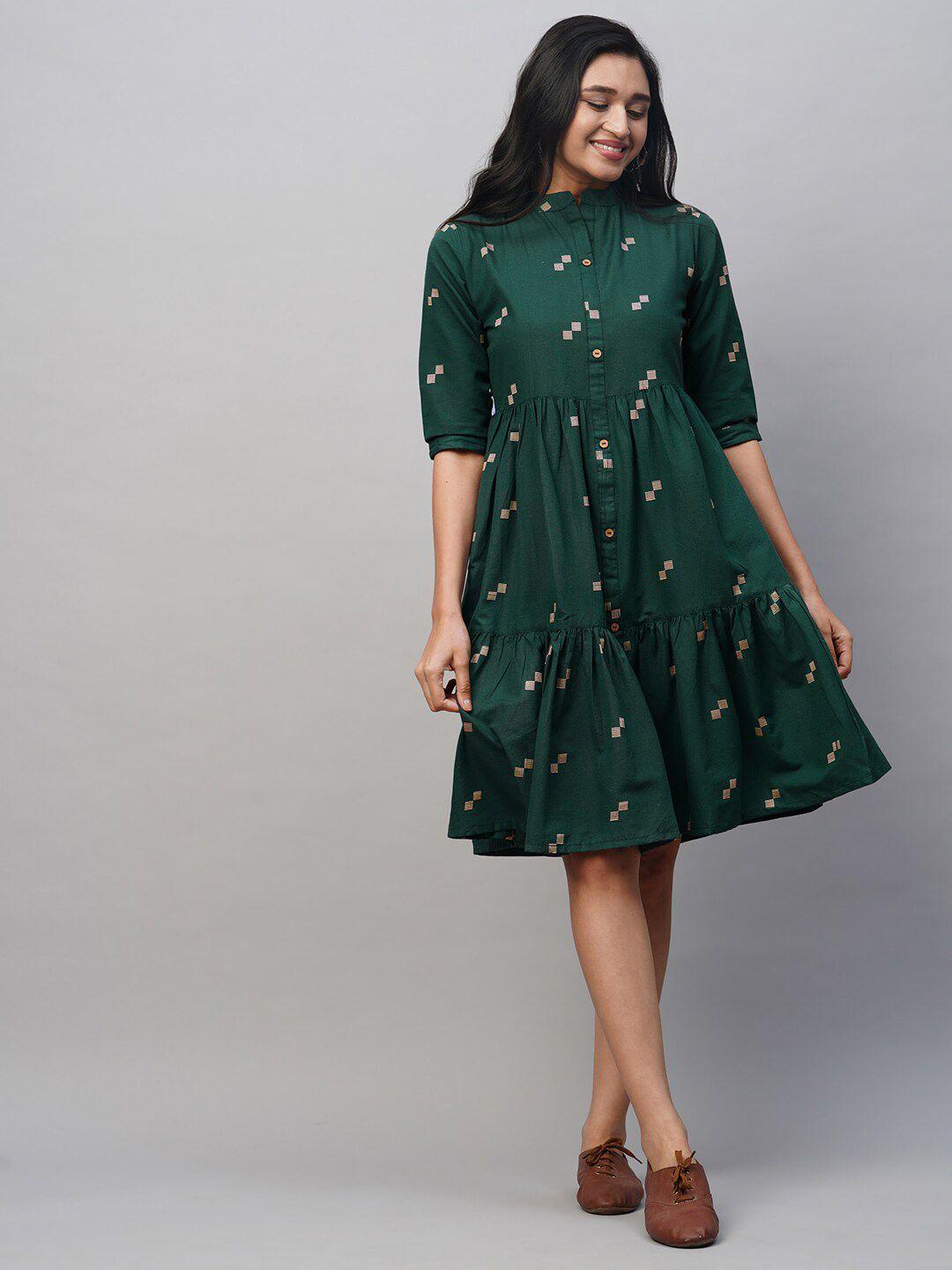 heeposh woven design mandarin collar gathered cotton a-line dress