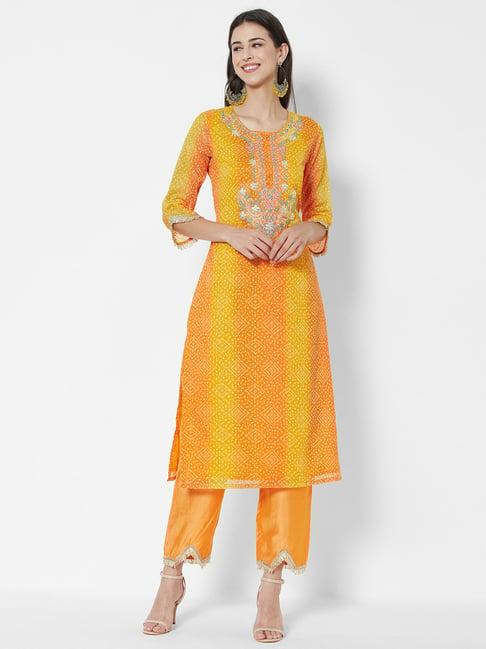 heeposh yellow & orange embroidered kurta pant set with dupatta