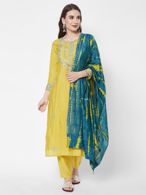 heeposh yellow embroidered kurta pant set with dupatta