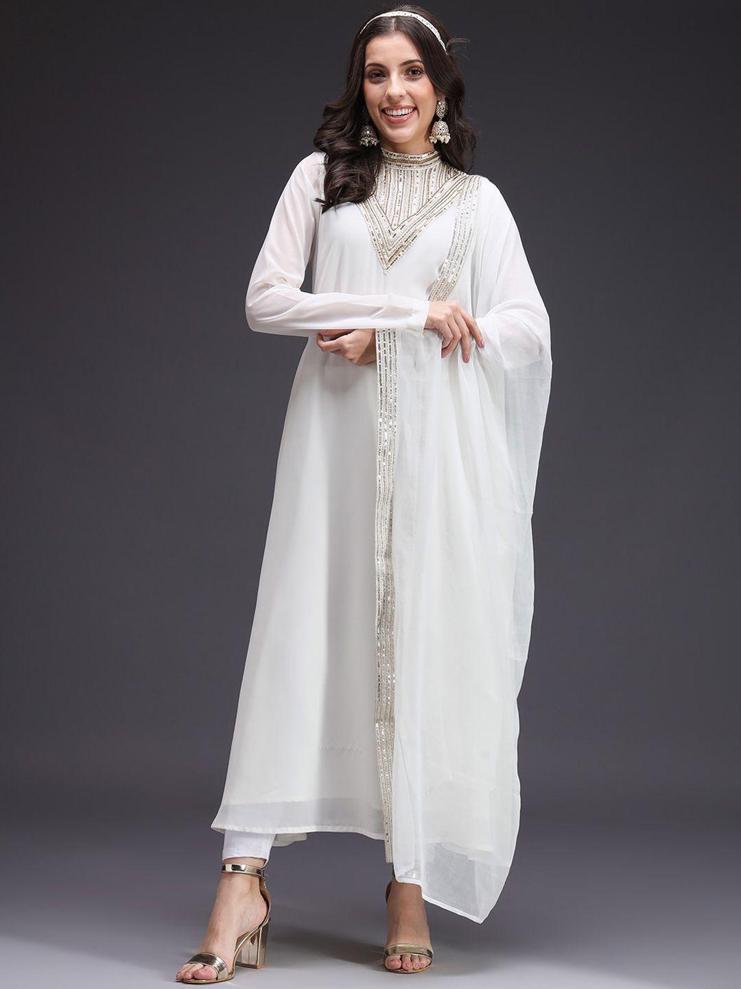 heeposh yoke design embellished regular aari work kurta with trousers & dupatta