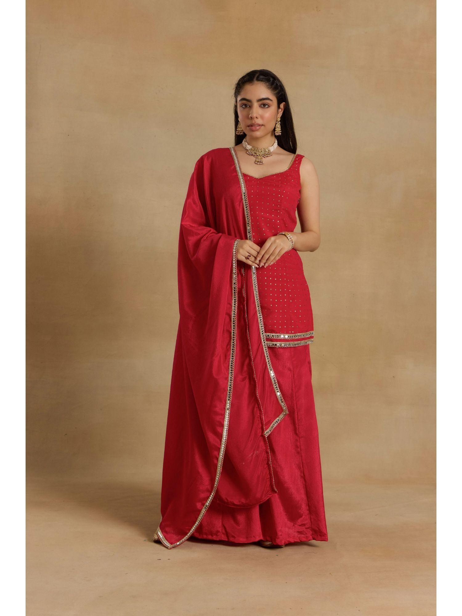 heer proper patola red cami kurta with palazzo and choker dupatta (set of 3)