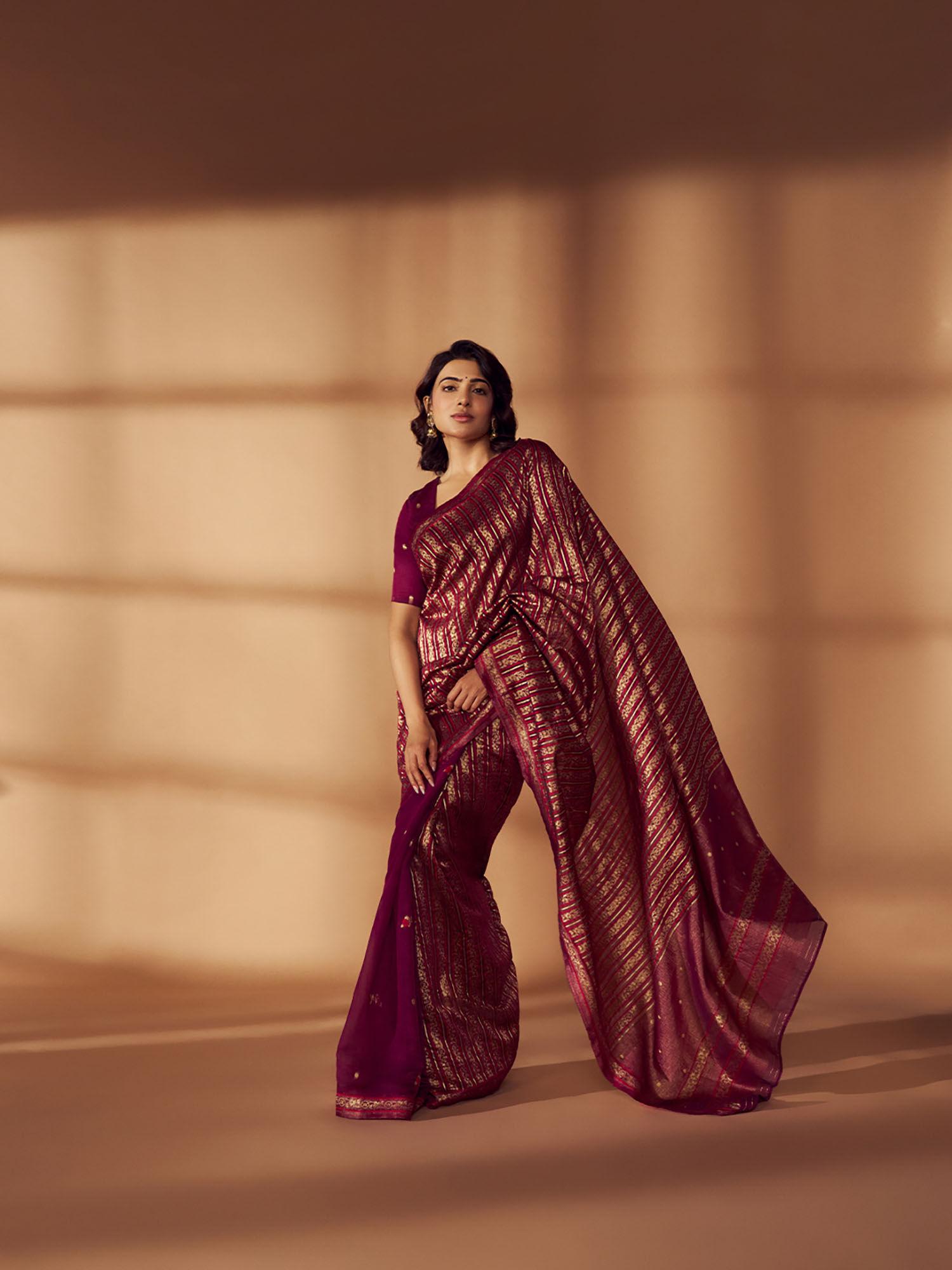 heer woven zari polka magenta saree with unstitched blouse