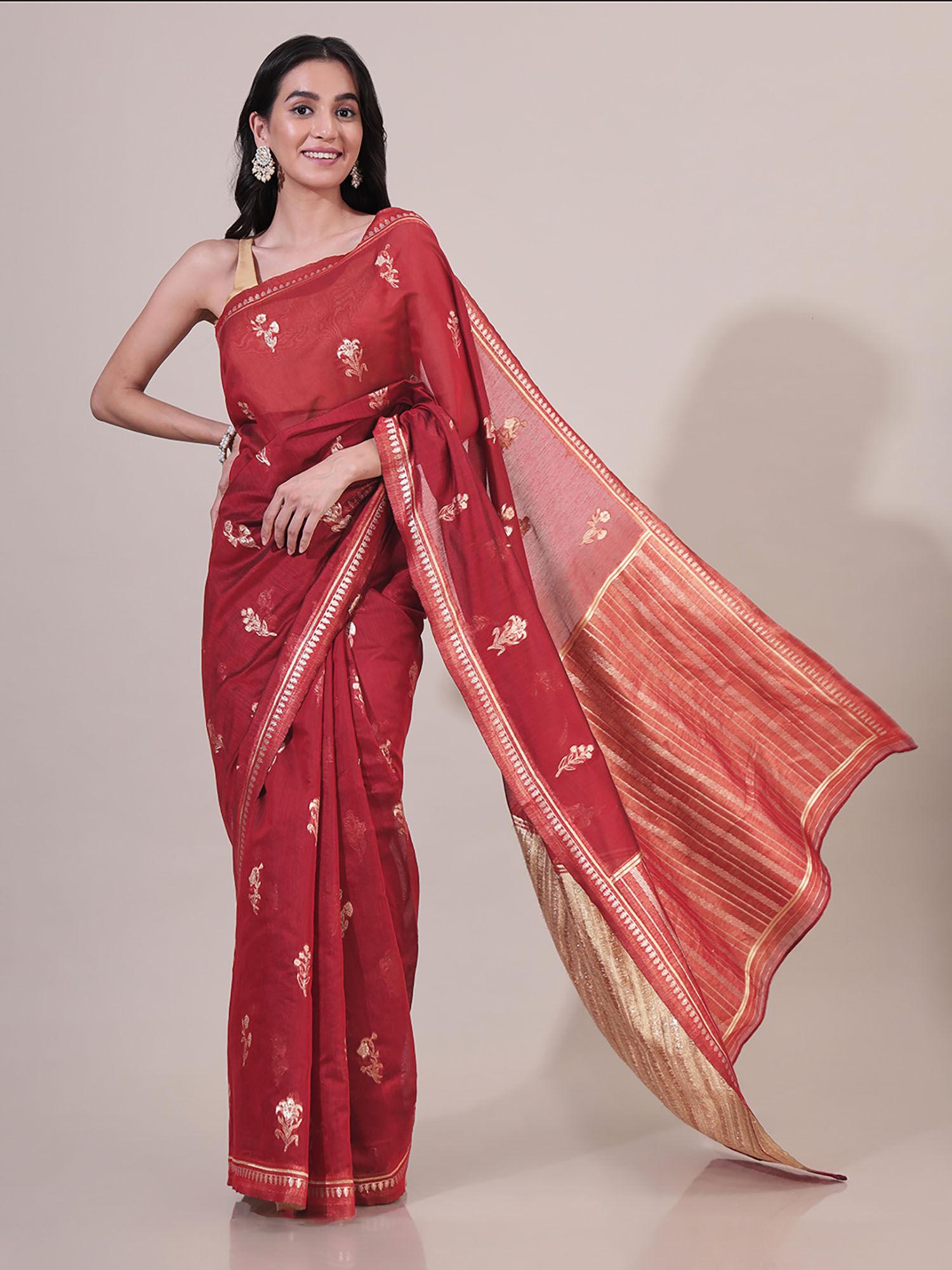 heer woven zari red saree with unstitched blouse