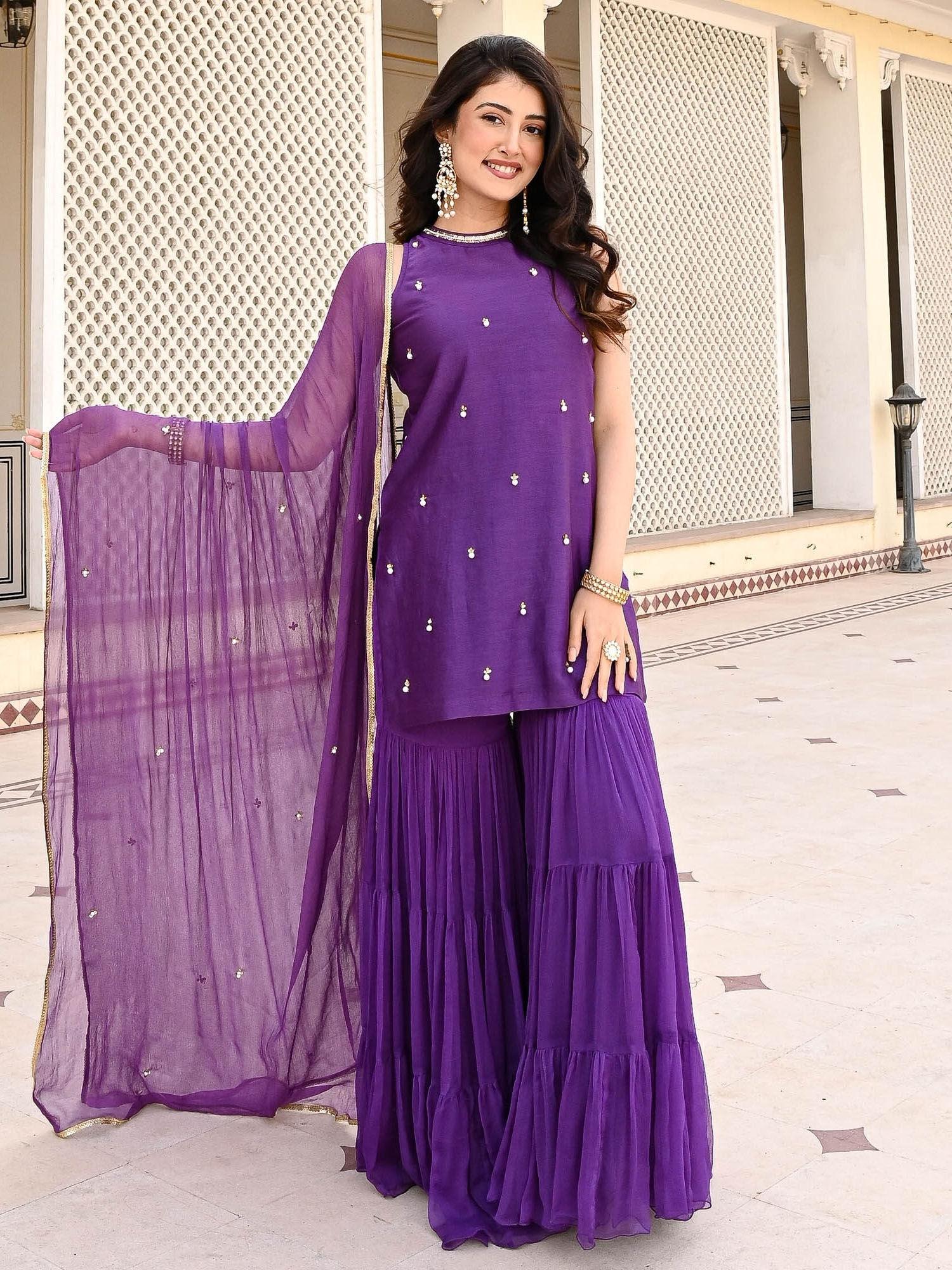 heeriye purple embellished kurta with sharara and dupatta (set of 3)