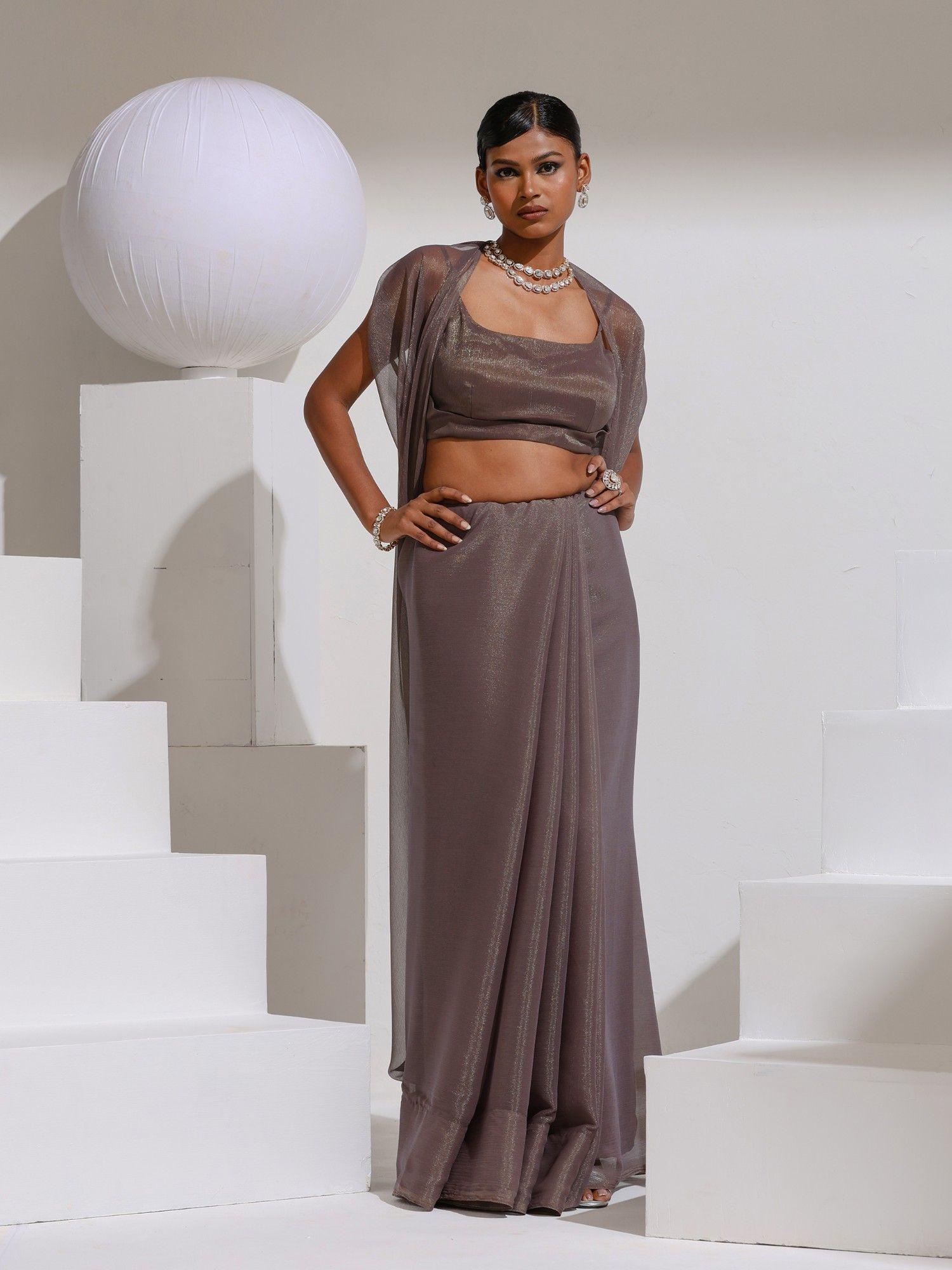 helio grey gold shimmer with bronze pendants and self fabric with unstitched blouse