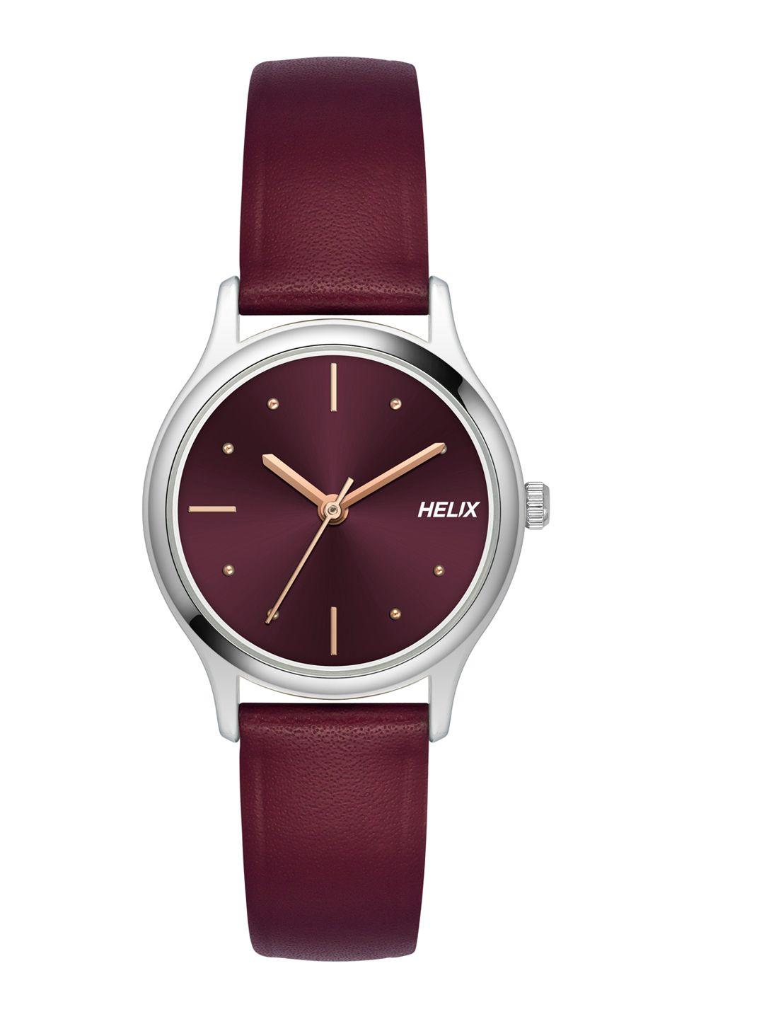 helix women brass dial & brown leather straps analogue watch
