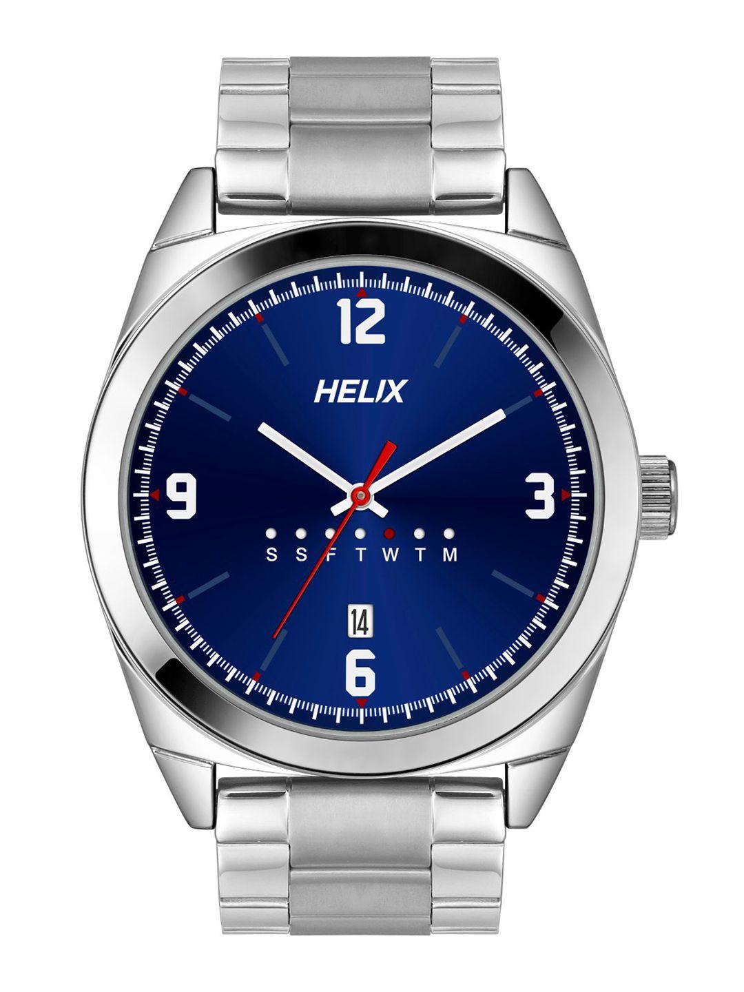 helix men blue brass dial & silver toned stainless steel bracelet style straps analogue watch