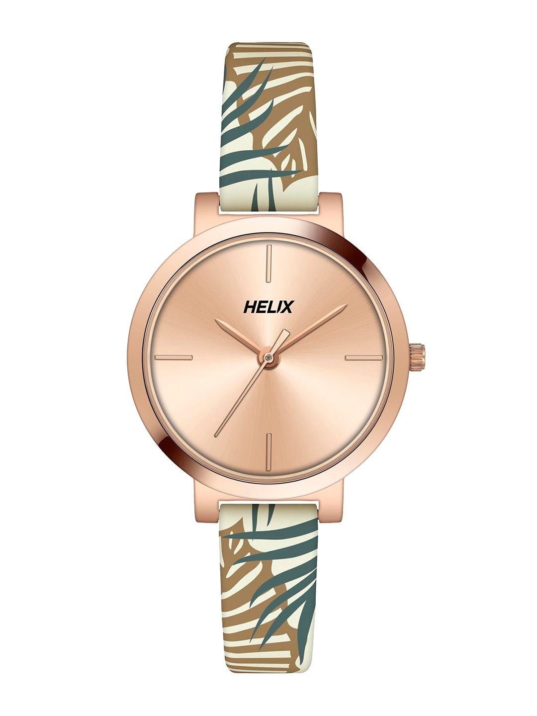 helix women brass dial & leather straps analogue watch tw041hl15