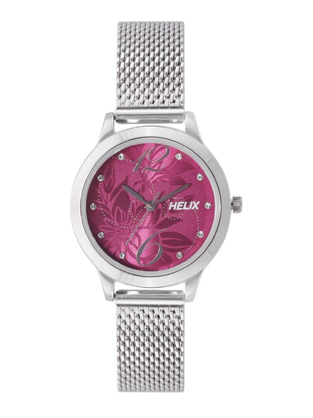 helix women pink printed dial & silver-toned bracelet style analogue watch tw022hl16