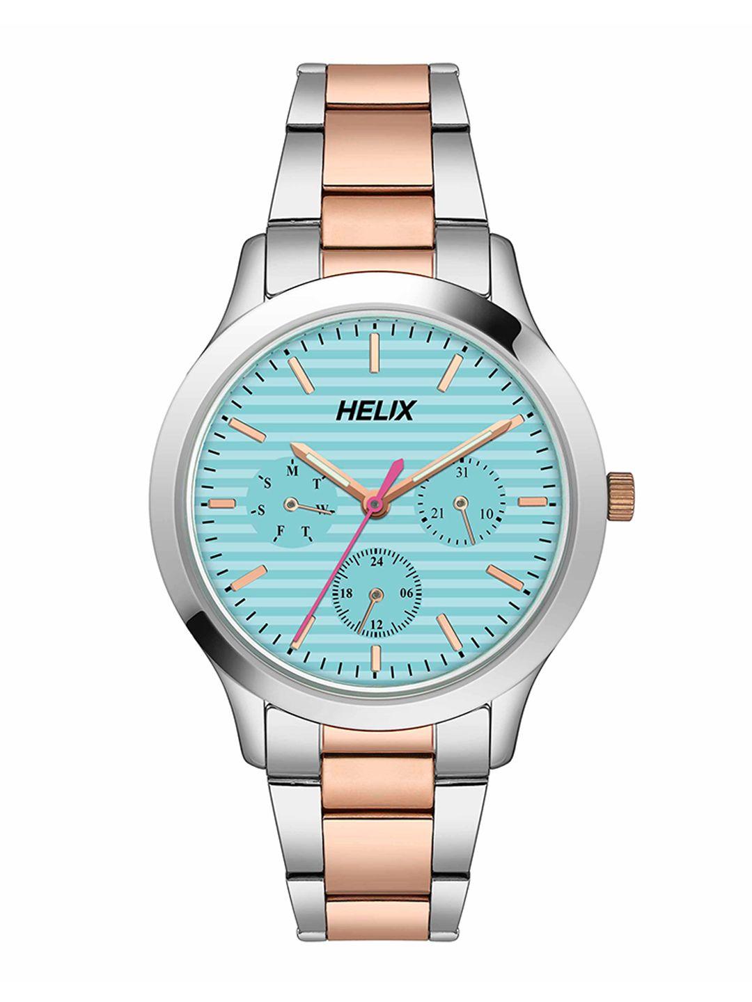 helix women striped dial & stainless steel straps analogue watch tw053hl03