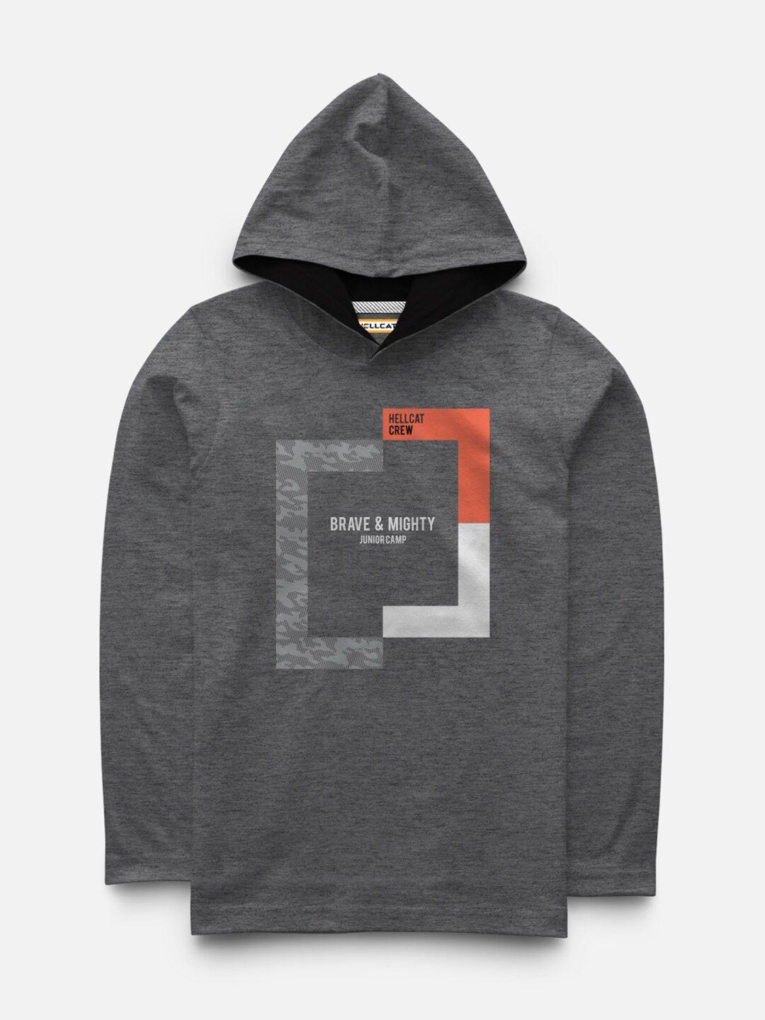 hellcat boys grey typography printed hooded t-shirt