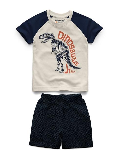 hellcat kids beige & navy printed t-shirt with shorts