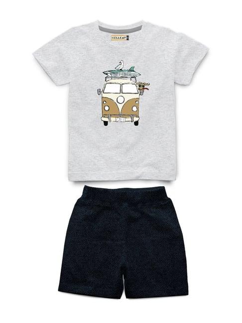 hellcat kids grey melange & navy printed t-shirt with shorts