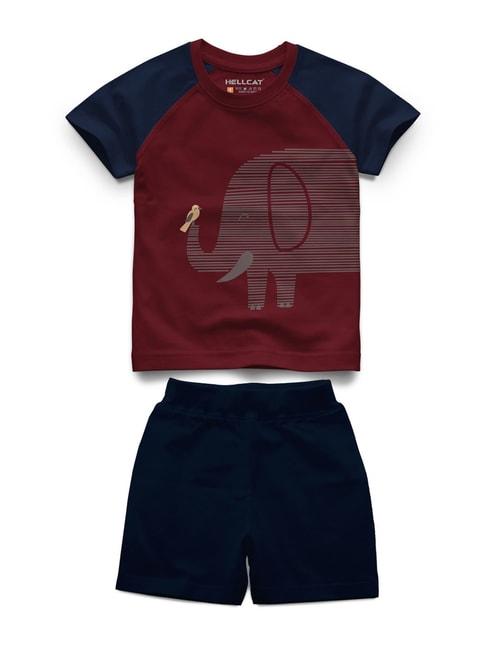 hellcat kids maroon & navy printed t-shirt with shorts