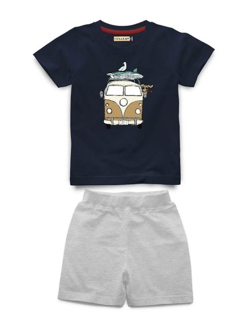 hellcat kids navy & grey melange printed t-shirt with shorts