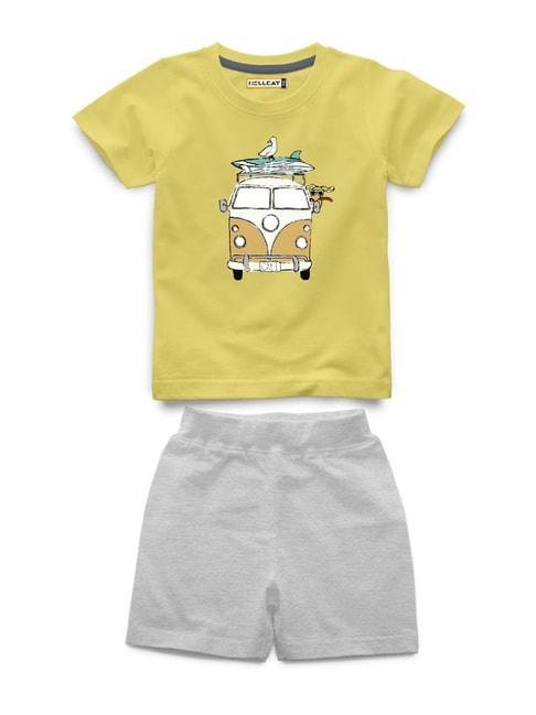 hellcat kids yellow & grey melange printed t-shirt with shorts