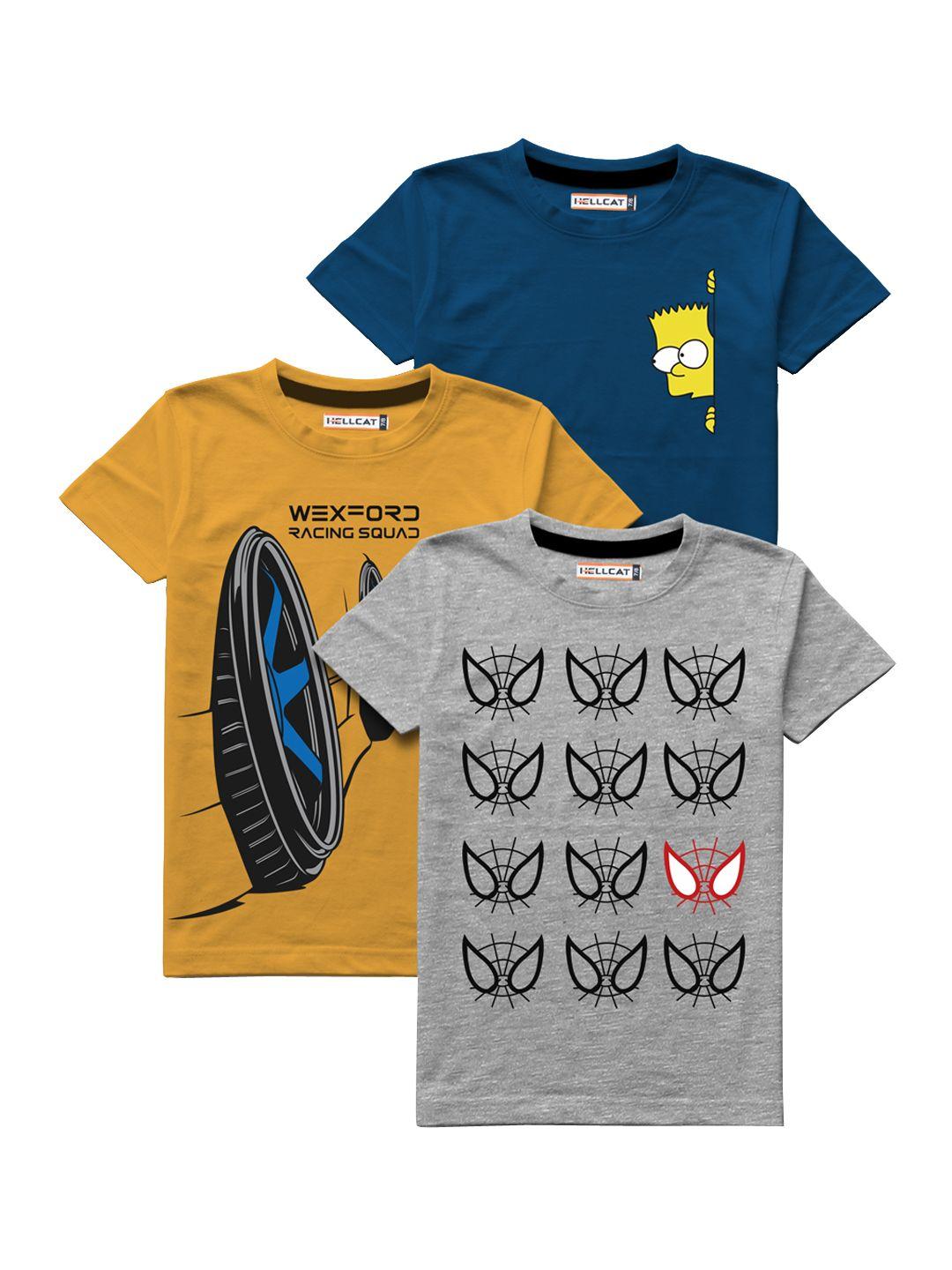 hellcat boys pack of 3 multicoloured printed round neck t-shirts