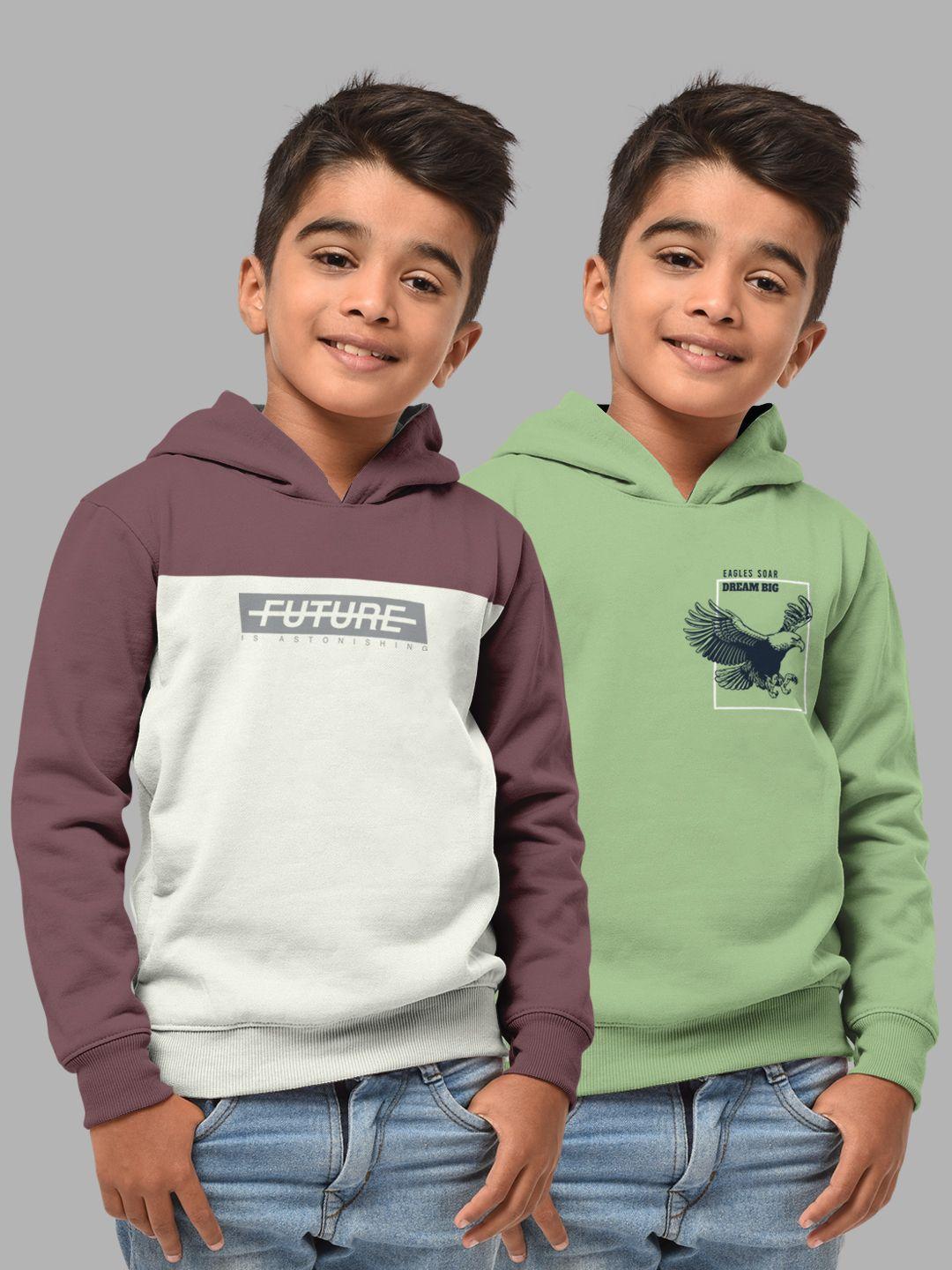 hellcat boys set of 2 taupe & green printed hooded sweatshirt