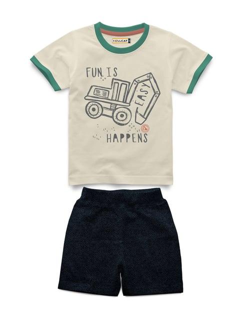 hellcat kids beige & navy printed t-shirt with shorts