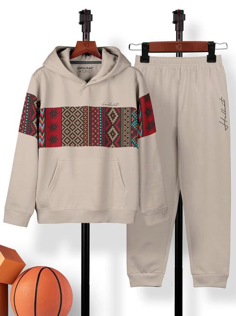 hellcat kids beige printed full sleeves hoodie t-shirt with trackpants