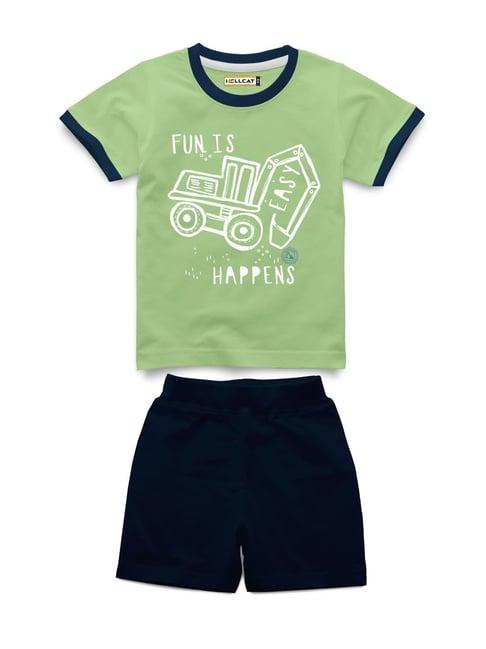 hellcat kids green & navy printed t-shirt with shorts