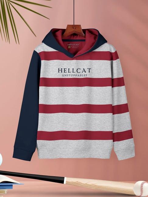 hellcat kids grey melange & red striped full sleeves t-shirt