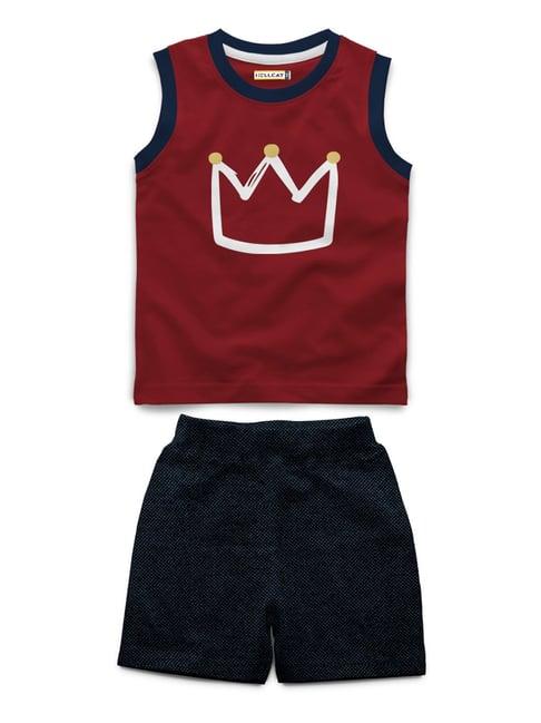 hellcat kids maroon & navy printed t-shirt with shorts