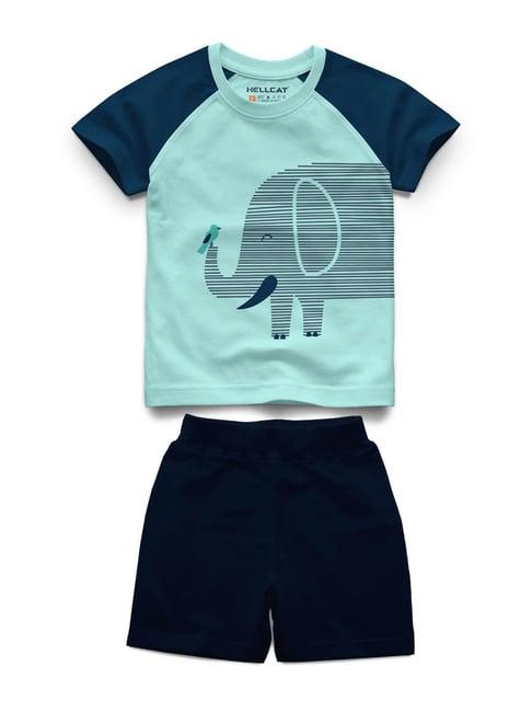 hellcat kids mint green & navy printed t- shirt with shorts