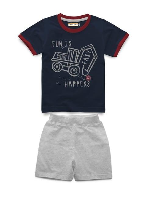 hellcat kids navy & grey melange printed t-shirt with shorts