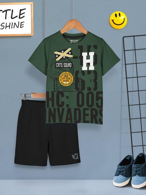 hellcat kids olive & black printed t-shirt with shorts