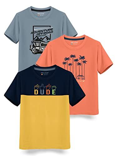 hellcat trendy typographic printed cotton blend half sleeve t-shirt for boys - pack of 3 / yellow & saffron & bluish grey / 11-12 years