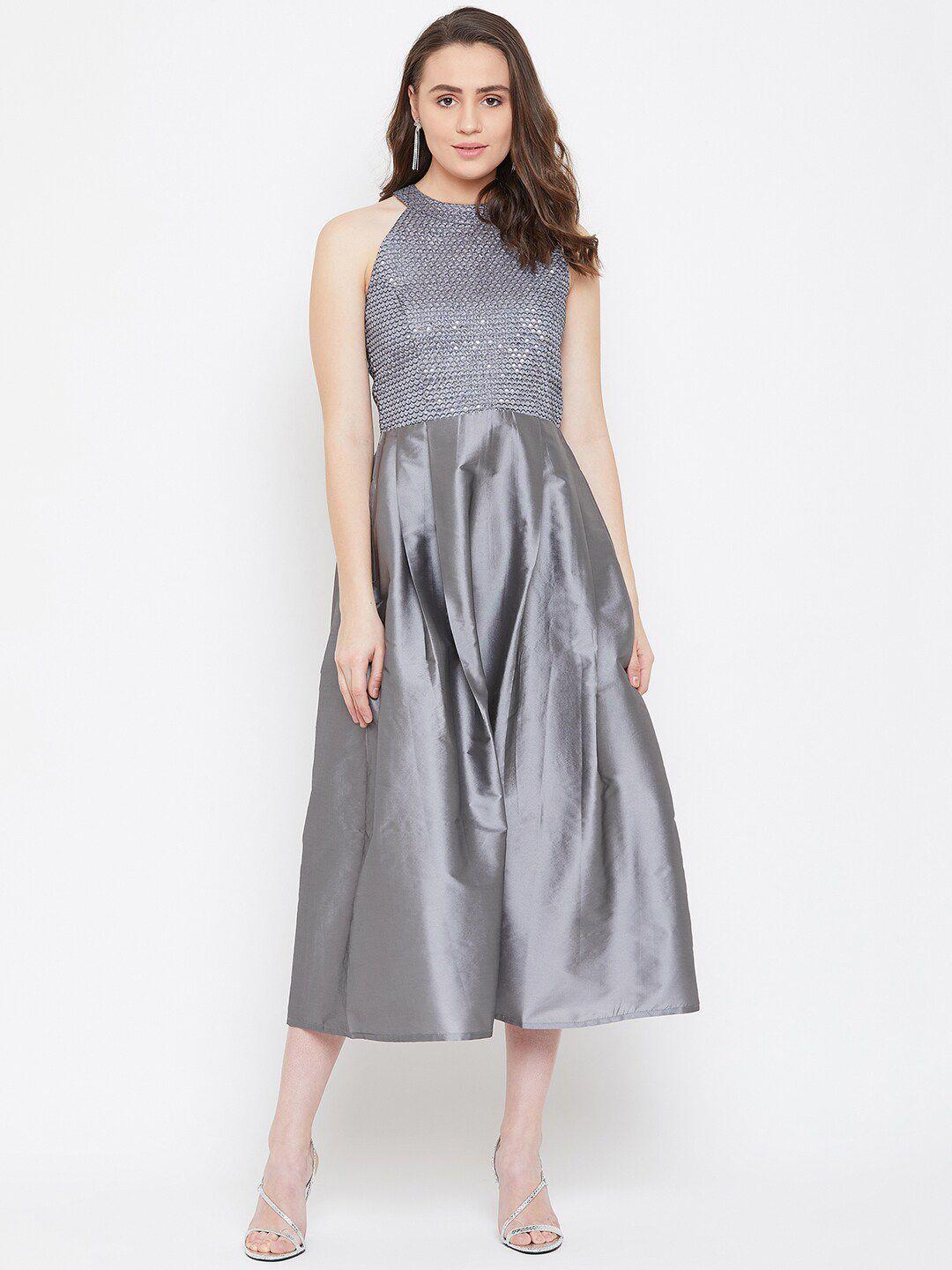 hello design grey embellished halter neck satin a-line midi dress