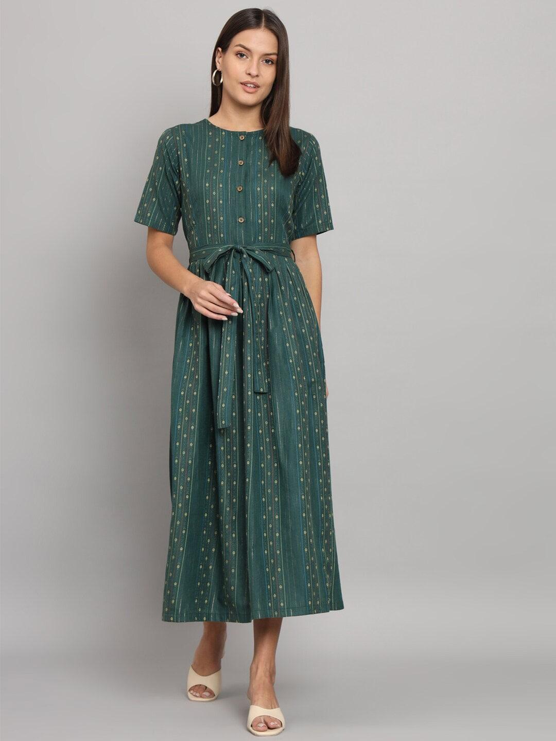hello design ethnic motifs printed belted detailed cotton a-line midi dress