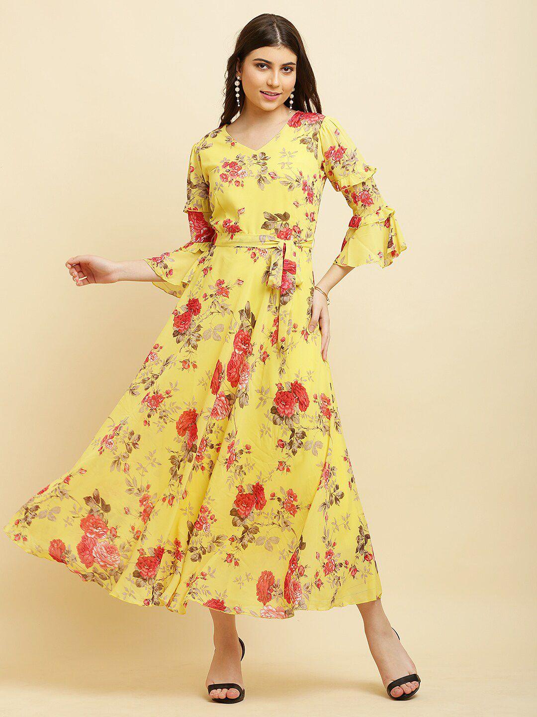 hello design floral printed bell sleeve georgette fit & flare maxi dress