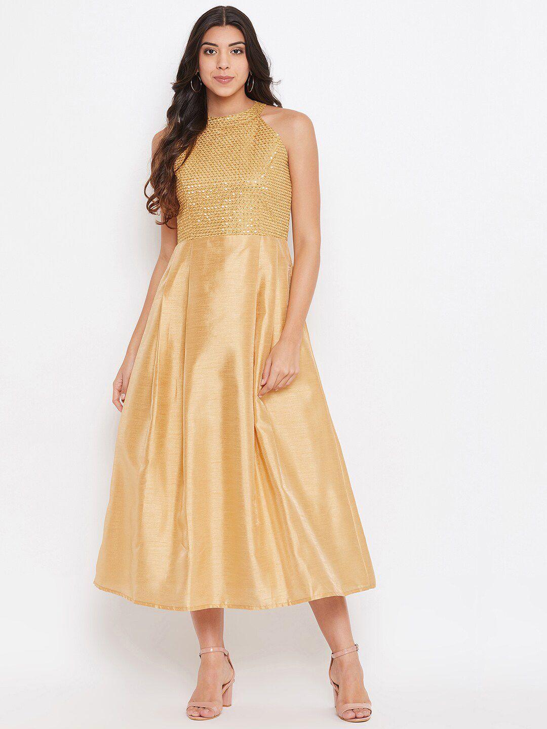 hello design gold-toned embellished halter neck satin a-line midi dress