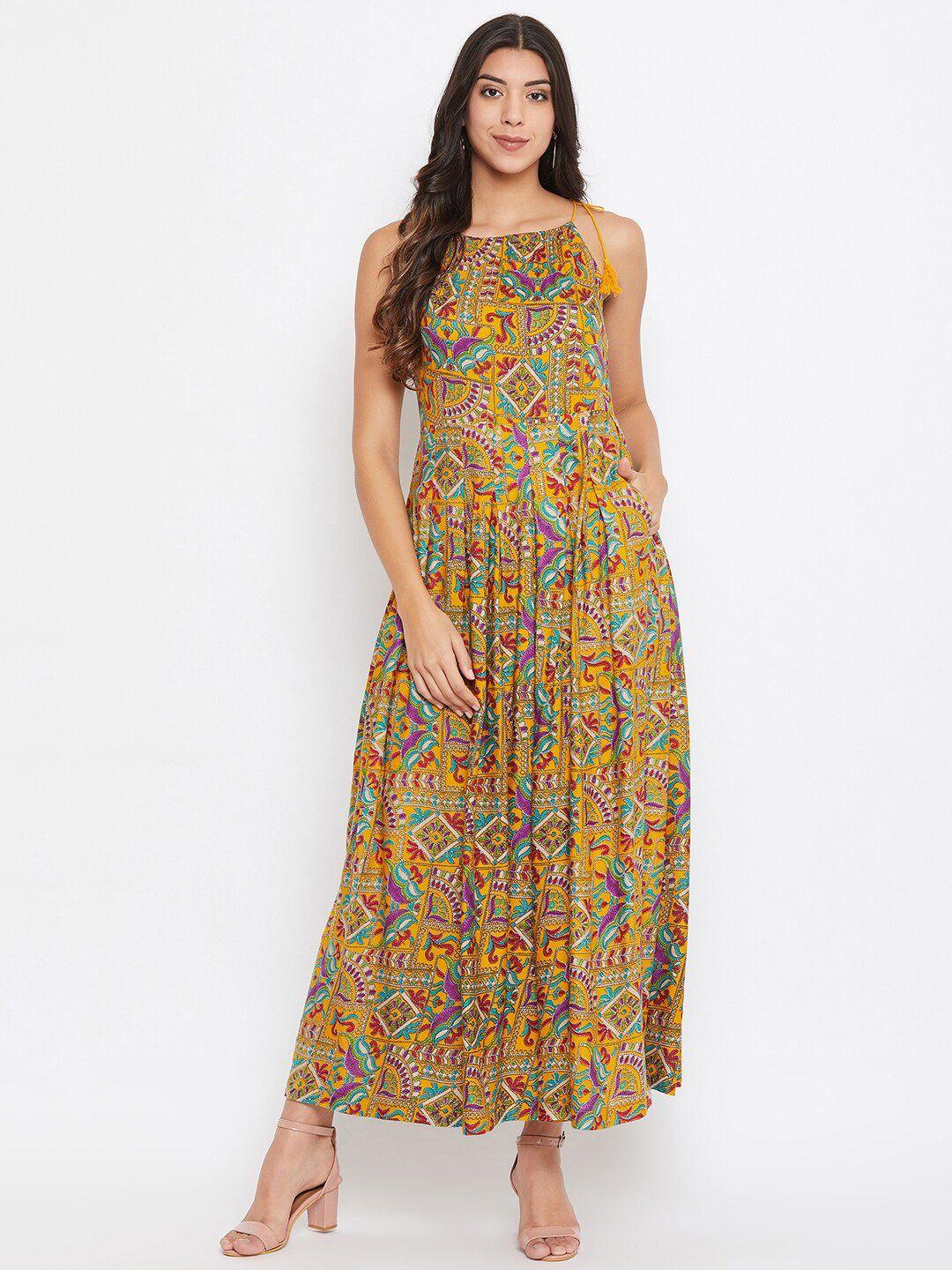 hello design mustard yellow & red ethnic motifs maxi dress