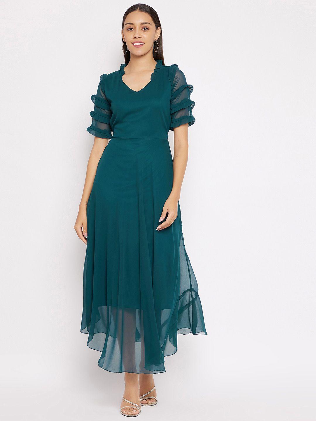 hello design teal green solid georgette maxi dress