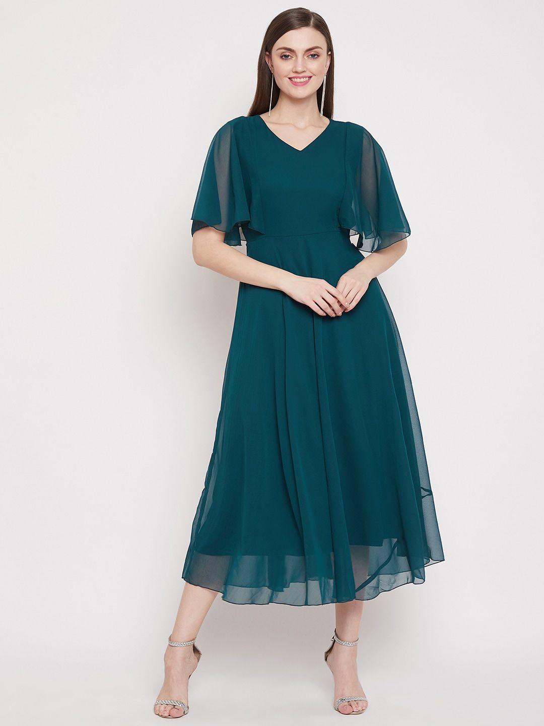 hello design teal green solid georgette midi dress