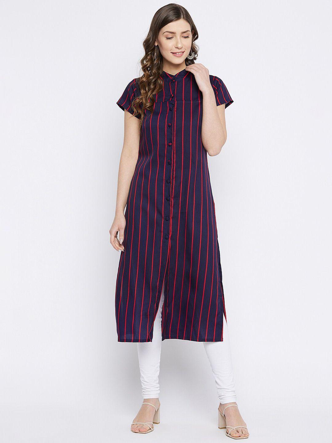 hello design women navy blue & red striped kurta